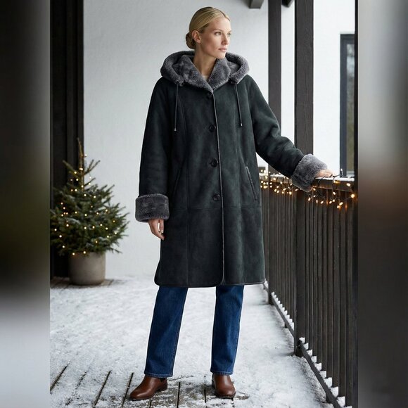 Studio Vogue Faux Shearling Coat Dark Green with Removable Hood Warm Oversized - Picture 1 of 11